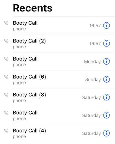 Phone screenshot, showing many calls to Booty Call